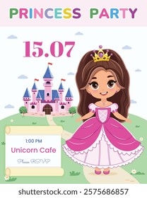 Invitation for Happy Birthday party. Cute princess stands in front of a fairytale castle. Template, Poster, Banner, Flyer, Greeting Card. Vector illustration in flat cartoon style.