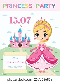 Invitation for Happy Birthday party. Cute princess stands in front of a fairytale castle. Template, Poster, Banner, Flyer, Greeting Card. Vector illustration in flat cartoon style.