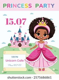 Invitation for Happy Birthday party. Cute princess stands in front of a fairytale castle. Template, Poster, Banner, Flyer, Greeting Card. Vector illustration in flat cartoon style.