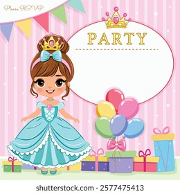 Invitation for Happy Birthday party with cute princess and gifts and colored balloons. Template, Poster, Banner, Flyer, Greeting Card. Vector illustration in flat cartoon style.