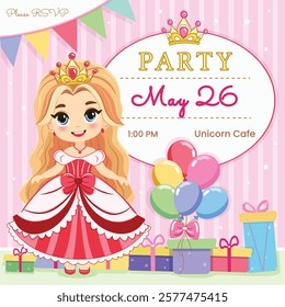 Invitation for Happy Birthday party with cute princess and gifts and colored balloons. Template, Poster, Banner, Flyer, Greeting Card. Vector illustration in flat cartoon style.