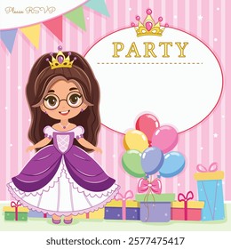 Invitation for Happy Birthday party with cute princess and gifts and colored balloons. Template, Poster, Banner, Flyer, Greeting Card. Vector illustration in flat cartoon style.