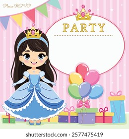 Invitation for Happy Birthday party with cute princess and gifts and colored balloons. Template, Poster, Banner, Flyer, Greeting Card. Vector illustration in flat cartoon style.