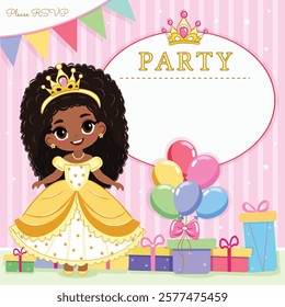 Invitation for Happy Birthday party with cute black princess and gifts and colored balloons. Template, Poster, Banner, Flyer, Greeting Card. Vector illustration in flat cartoon style.