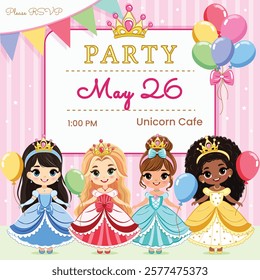 Invitation for Happy Birthday Princess party with different cute princesses and colored balloons. Template, Poster, Banner, Flyer, Greeting Card. Vector illustration in flat cartoon style.