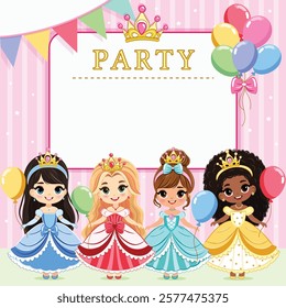 Invitation for Happy Birthday Princess party with different cute princesses and colored balloons. Template, Poster, Banner, Flyer, Greeting Card. Vector illustration in flat cartoon style.