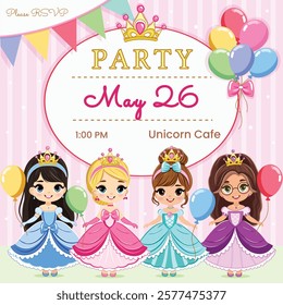 Invitation for Happy Birthday Princess party with different cute princesses and colored balloons. Template, Poster, Banner, Flyer, Greeting Card. Vector illustration in flat cartoon style.