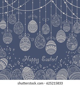Invitation Happy Easter background pattern with eggs hand drawn blue, beige with ornaments of flowers, leaves and  Mandala elements. Vector illustration.