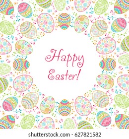 Invitation Happy Easter background pattern with eggs hand drawn blue, green, red, orange with ornaments of flowers, leaves and Mandala elements. Vector illustration.