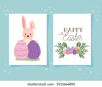 invitation with happy easter lettering and cute bonny with two easter eggs vector illustration design