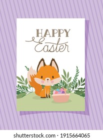 invitation with happy easter lettering with one cute fox and one basket full of easter eggs vector illustration design