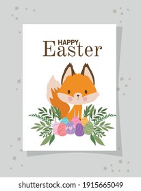 invitation with happy easter lettering with one cute fox and one basket full of easter eggs on a gray background vector illustration design