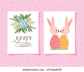 invitation with happy easter lettering and two pink rabbits with easter eggs on a pink background vector illustration design