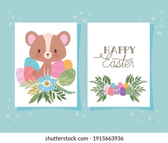invitation with happy easter lettering,one cute bear and one basket full of easter eggs vector illustration design