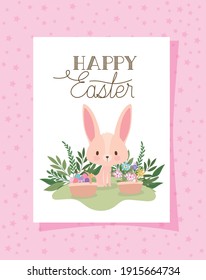 invitation with happy easter lettering,one cute pink bunny and one basket full of easter eggs on a pink background vector illustration design