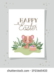 invitación con letras felices de Pascua, un oso lindo y una cesta llena de huevos de Pascua en un diseño de ilustración vectorial de fondo gris