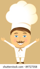 invitation from happy smiling cook with open arms