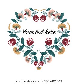 Invitation heart frame set; Boho flowers, leaves, vector, isolated . Sketched wreath, with text colorful floral Handdrawn Vector nature art.Design for all graphic type on white background color