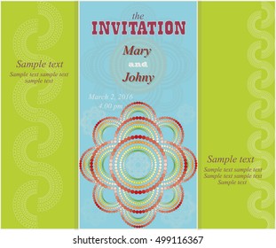 Invitation to a holiday or event on a green and turquoise background with a pattern in the form of a flower. Positive style invitations. Vector illustration