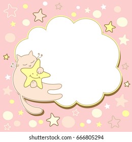 Invitation to a holiday with a funny cat. Baby frame. Vector illustration.