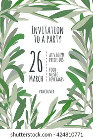 Invitation for holiday with green leaves. A bright illustration for eco hipster party
