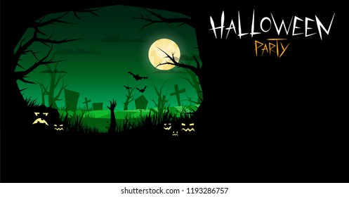 Invitation to the holiday Halloween. Pumpkin in the dark forest. Cemetery in a dark forest. The full moon on the backdrop of a gloomy forest. Bats.