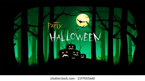 Invitation to the holiday Halloween. Pumpkin in the dark forest. Cemetery in a dark forest. The full moon on the backdrop of a gloomy forest. Bats.
