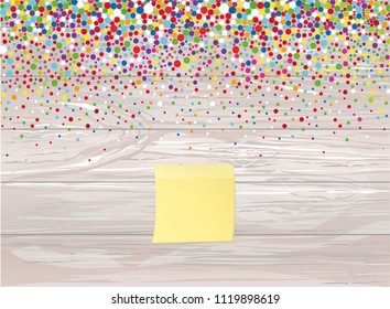 Invitation to a holiday in a heap of colorful confetti. Empty Yellow sheet of paper for notes. Sticker. Vector on wooden background. Place for text or advertising. Greeting card for birthday.