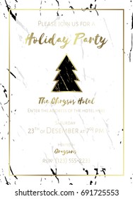 Invitation to a holiday party. White and black marble background and gold text. Christmas design template for flyer or poster. Dimensions 5x7 inch, 0.125 bleed size. Seamless pattern included. EPS10.