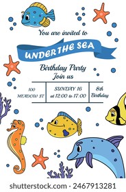 Invitation to a holiday. Under the sea party. Characters in carton style. World Oceans Day. Water day holiday. Trendy and modern style. Postcard. Vector illustration.  Anniversary. Set of fish