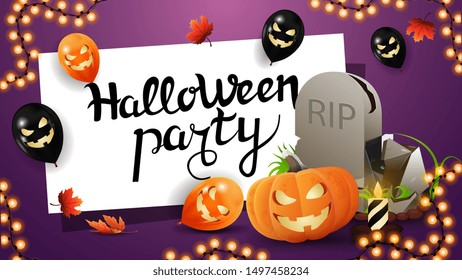 Invitation horizontal purple poster for Halloween party with tombstone and pumpkin Jack