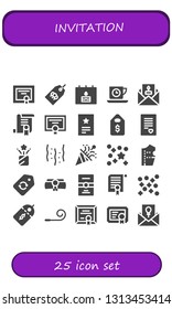 invitation icon set. 25 filled invitation icons.  Simple modern icons about  - Diploma, Tag, Birthday, Tea time, Invitation, Certificate, Price tag, Love letter, Confetti, Pattern design
