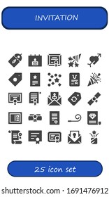 invitation icon set. 25 filled invitation icons.  Simple modern icons such as: Price label, Birthday, Diploma, Confetti, Cupid, Price tag, Invitation, Certificate, Label, Postcard