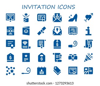  invitation icon set. 30 filled invitation icons. Simple modern icons about  - Diploma, Confetti, Certificate, Invitation, Cinderella, Cupid, Postcard, Birthday, Tag, Party whistle