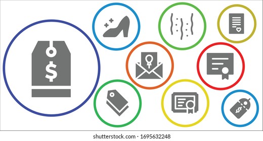 conjunto de iconos de invitación. 9 iconos de invitación rellenos.  Iconos modernos sencillos, como: Etiqueta, Cenicienta, Confetti, Certificado, Invitación, Diploma, Carta de amor, Etiqueta de precio