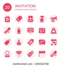 invitation icon set. Collection of 20 filled invitation icons included Postcard, Label, Birthday card, Desinfectant, Vuvuzela, Diploma, Price tag, Certificate, Bride, Birthday boy