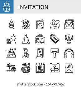 invitation icon set. Collection of Bride, Christmas tree, Disco, Wedding card, Romantic, Wedding invitation, Bride dress, Wedding dress, Tag, cake, Groom icons