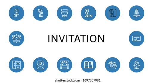 invitation icon set. Collection of Groom, Disco, Communion, Price tag, Wedding cake, Wedding invitation, Invitation, Wedding, Certificate, Bride, bells, Love letter icons
