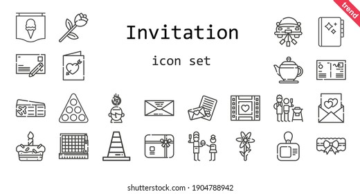 invitation icon set. line icon style. invitation related icons such as father and son, gift card, plane ticket, garter, father, pool, teapot, wedding video, cone, agenda, flower, wedding car, saving