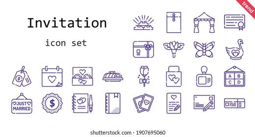 conjunto de iconos de invitación. estilo de icono de línea. iconos relacionados con la invitación como anillo de boda, recién casados, tarjetas, tarjeta de regalo, regalo de boda, cisne, día de boda, etiqueta, agenda, flor, oro, libro de invitados