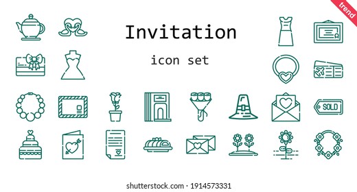 invitation icon set. line icon style. invitation related icons such as dress, wedding dress, plane ticket, bouquet, necklace, teapot, pilgrim, swans, flower, envelope, wedding cake, divider, cake