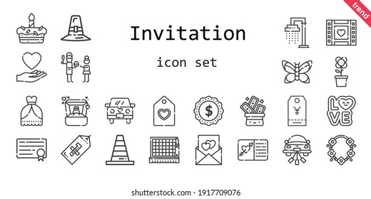 Invitation Icon Set. Line Icon Style. Invitation Related Icons Such As Love, Shower, Wedding Dress, Ring, Father, Necklace, Label, Trick, Pilgrim, Wedding Video, Cone, Flower, Wedding Car, Cake