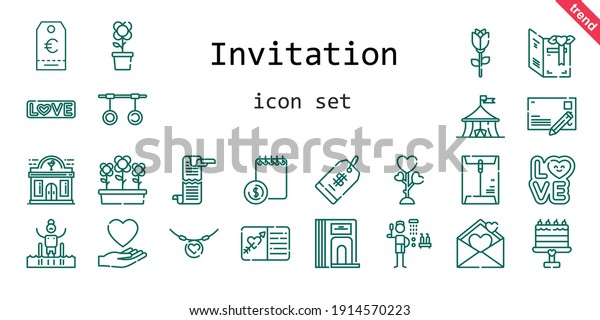 invitation icon set. line icon style. invitation\
related icons such as love, shower, flowers, pool, scroll,\
necklace, agenda, flower, envelope, rings, postcard, divider, cake,\
price tag, circus