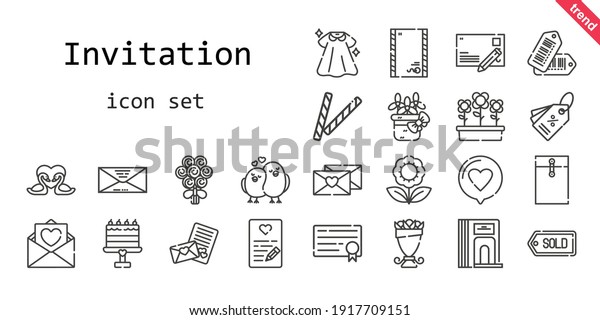 invitation icon set. line icon style. invitation\
related icons such as love, dress, flowers, bouquet, decorative,\
swans, flower, tags, envelope, postcard, divider, love birds, cake,\
love letter, tag