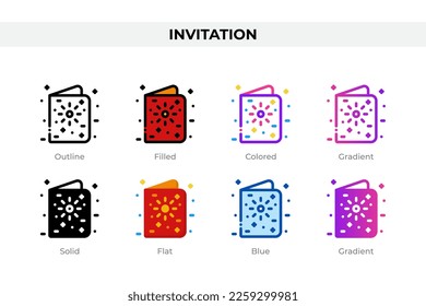 Einladungs-Symbole in einem anderen Stil. Einladungssymbole gesetzt. Feiertagssymbol. Verschiedene Stilsymbole gesetzt. Vektorgrafik