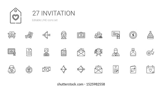 invitation icons set. Collection of invitation with love letter, cupid, tag, bride, groom, wedding planning, certificate, newlyweds, diploma. Editable and scalable invitation icons.