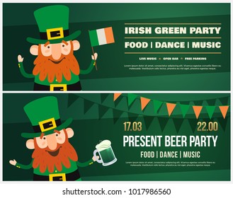 Invitation to Irish holiday of St. Patrick. Funny cartoon Leprechaun with an Irish flag and pint of beer, with garland of colored pennants on green background. Poster or flyer for parties and holidays