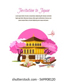 Invitation to Japan concept. Getting to know the culture, language, style of clothing, drinks, food, entertainment, attractions, traditions. Vector illustration. Can be used for poster, invitation.