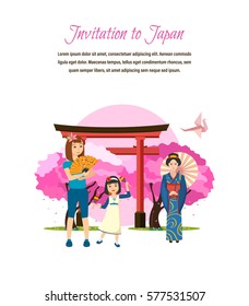 Invitation to Japan concept. Getting to know the culture, the language, style of clothing, drinks, sights and traditions of the state. Vector illustration. Can be used for poster, invitation.