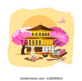 Invitation to Japan concept. Getting to know the culture, language, style of clothing, drinks, food, entertainment, attractions, traditions, japan landmarks. Modern vector illustration isolated.